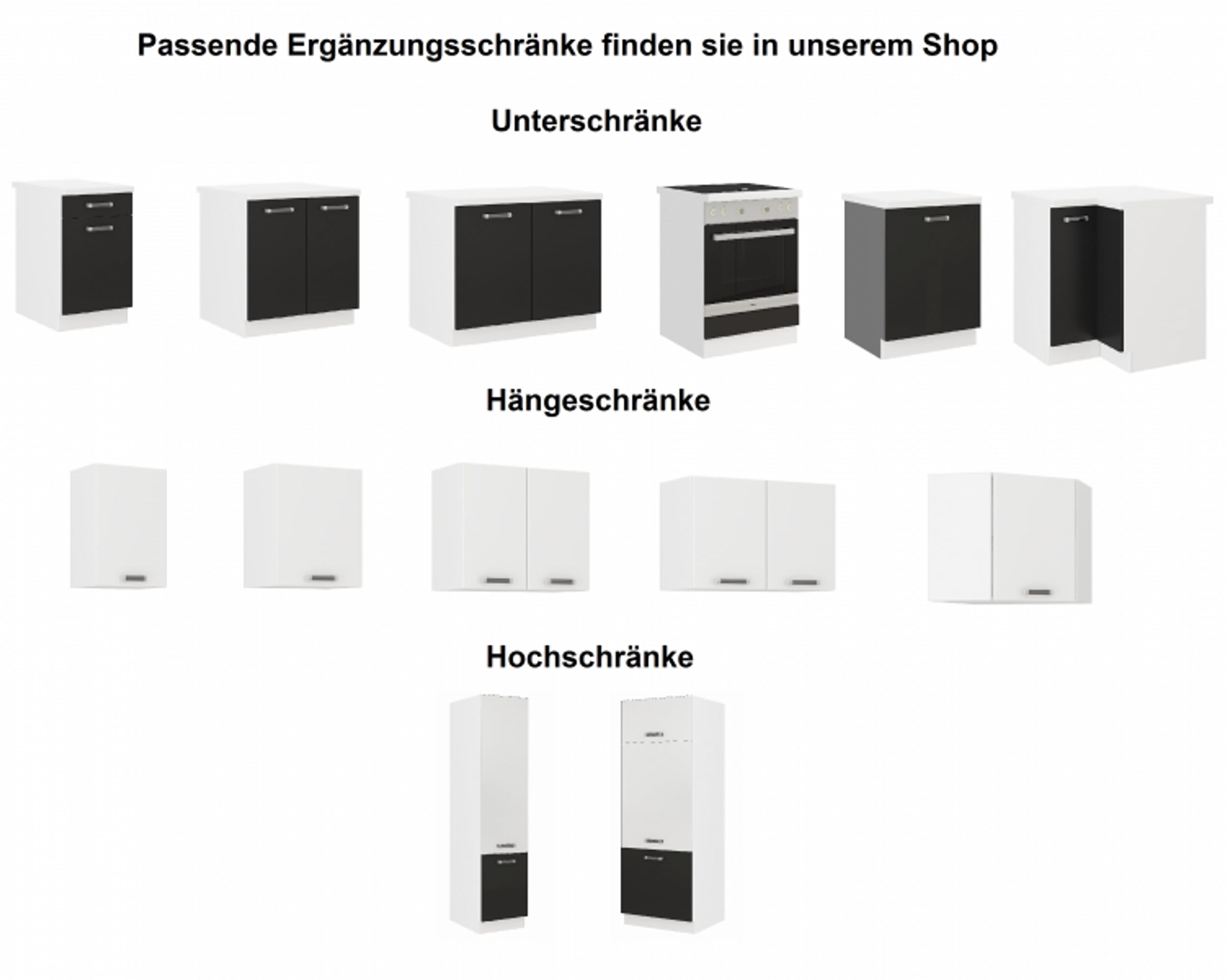 Kuechen-preisbombe Küche Omega 240 cm Küchenzeile Küchenblock variabel stellbar in Schwarz Weiss