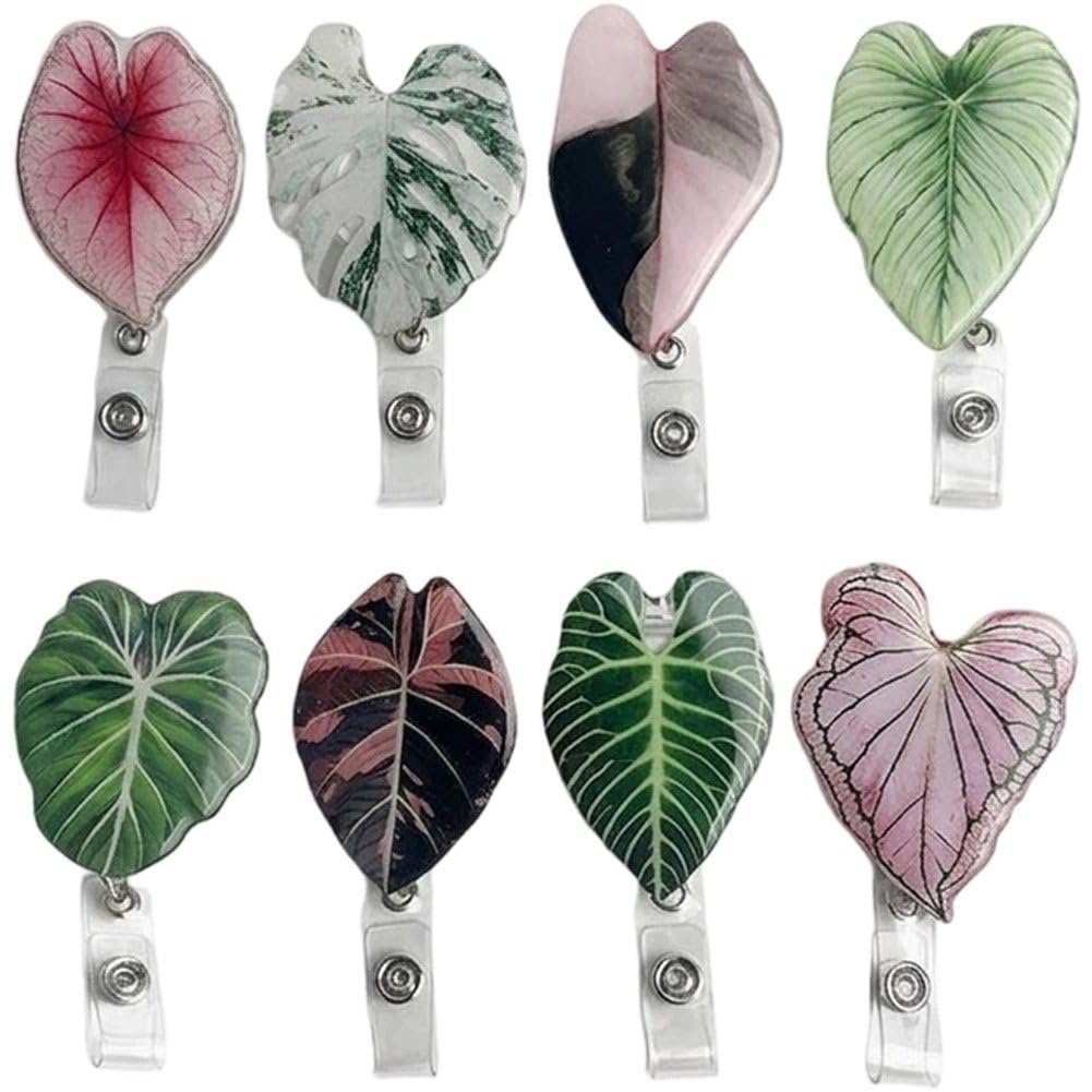 Hrippy 8 Pcs Tropical Leaf Badge Reel Clip, Retractable Id Holder for Nurse Doctor Daily Work Identification Use