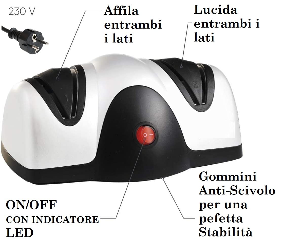 Affilacoltelli Elettrico Affilatrice per coltelli con potenza massima 60 W 2 in 1 Affila e Lucida Rivestimento in gomma antiscivolo Adatto per lame in acciaio e ceramica