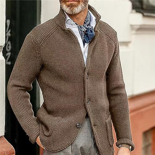 evzosrz Men Cardigan Sweater Open Front Stand Collar Chunky Button Long Sleeve Slim Fit Ribbed Knitted Sweater with Pockets2