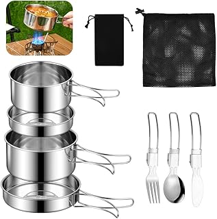 SLTAXAR Camping Cookware Set Stainless Steel Cooking Pot with Pan Outdoor Cookware Picnic Pot 2-3 People Portable Camping Pot Pan Set Stackable for Picnic Backpacking Camping Hiking