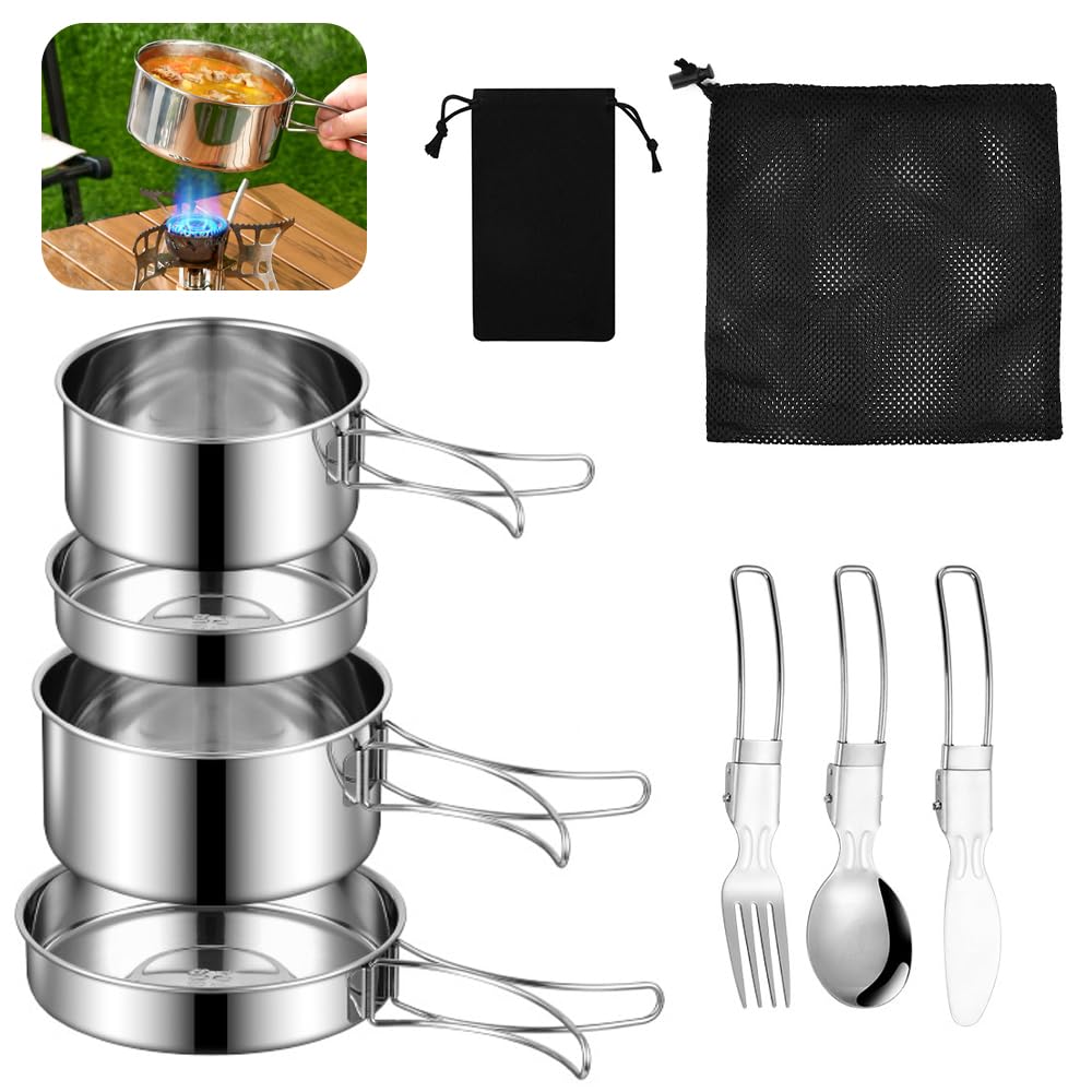 Kit Cocina Camping Acero Inoxidable, Juego de Ollas y Sartenes para Camping, Set de Cubiertos Plegable para Llevar, con Tenedor Cuchara Cuchillo y Bolsas, Kit Cocina Camping para 2-3 Personas