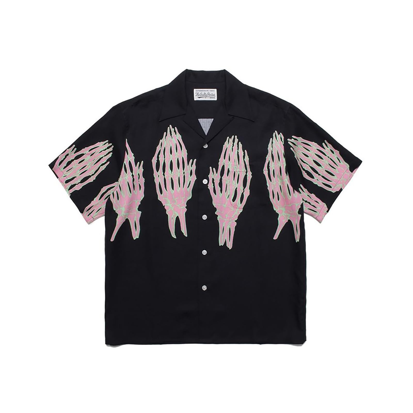 [WAYWOC] WACKO MARIA ワコマリア シャツ 半袖 メンズ レディース 21aw スカル プレイハンドプリント ハワイアン オープンカラーシャツ アロハシャツ トップス, XL, ブラック