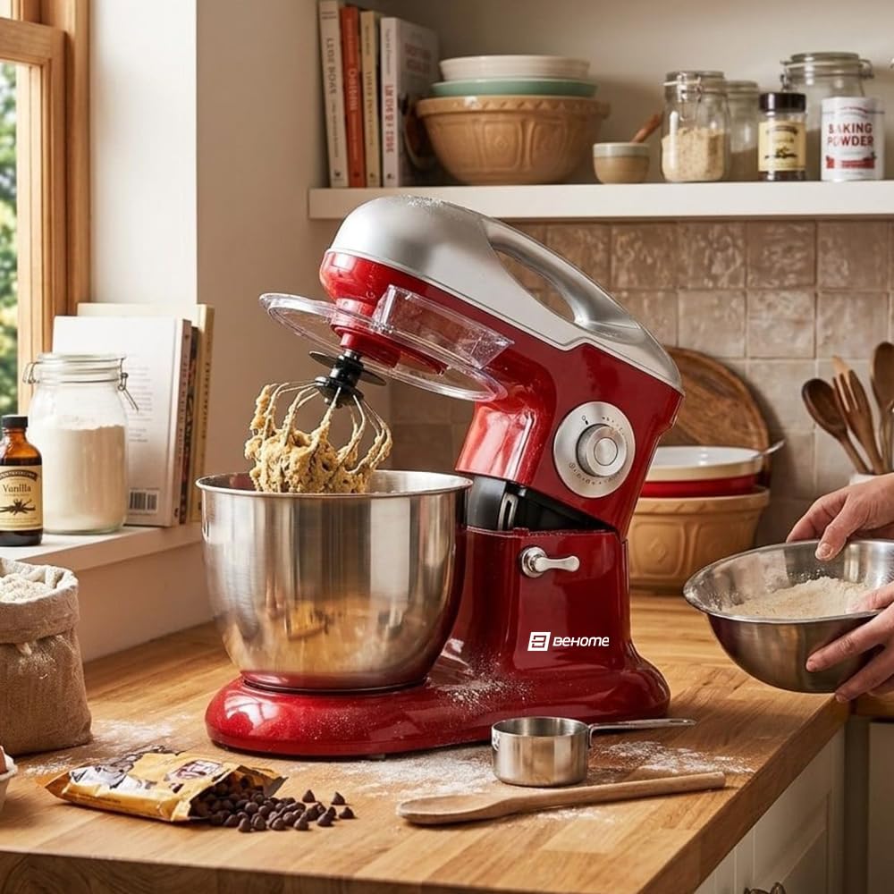Behome Impastatrice Planetaria Professionale 6,5L Rosso | 10 Velocità, 2 fruste e 1 gancio per impastare