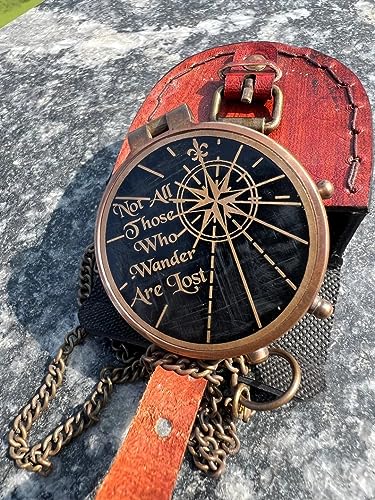 Brújula de latón grabada con estuche de cuero - Brújula de bolsillo de latón miniatura 1