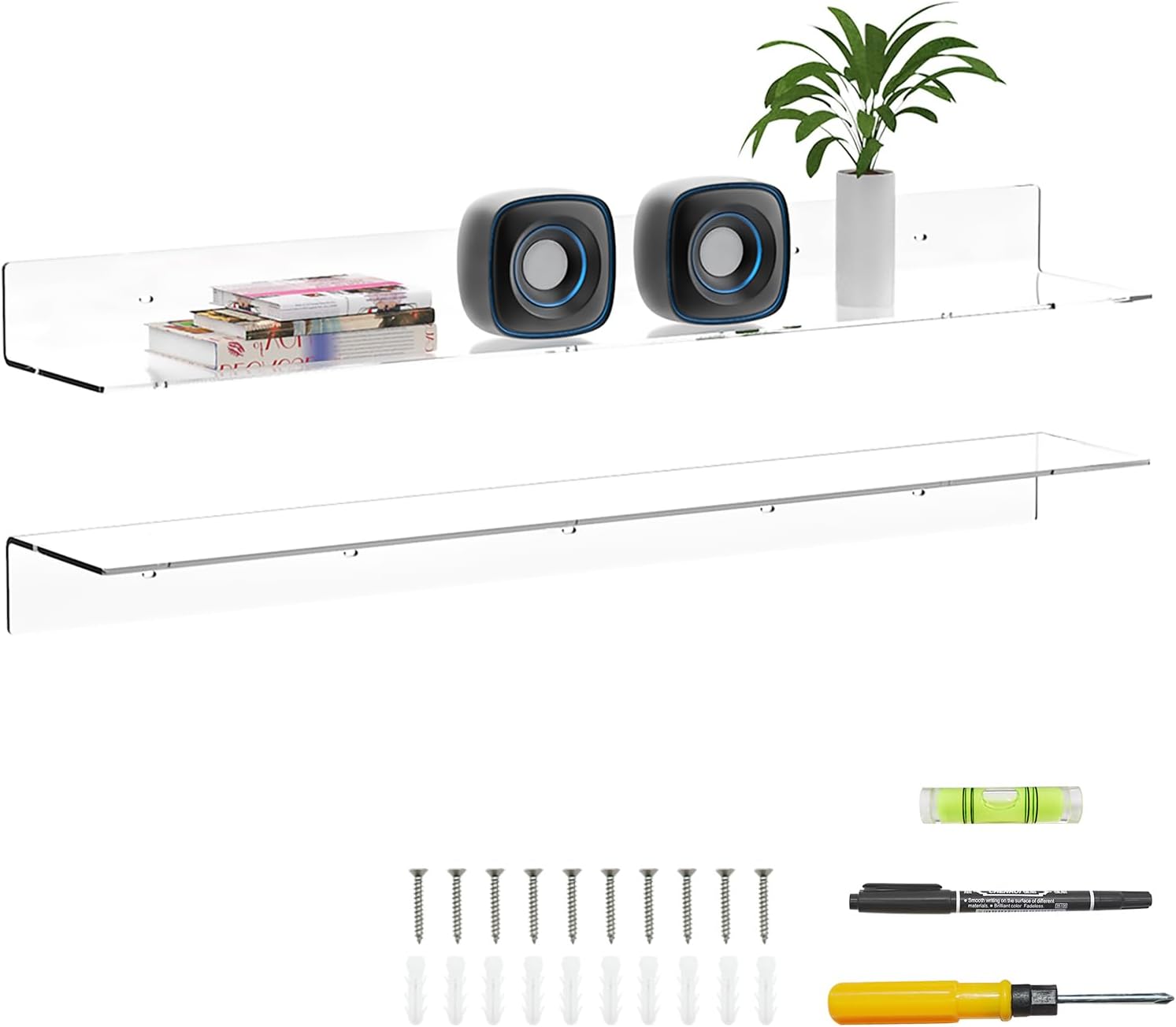 - 36 Inches Acrylic Wall Shelves 2 Pack, Floating Shelf for Wall Mounting, Acrylic Display Ledges for Funko Pop Figures, Home Décor, Living Room, Gaming Room, Plants(36 inch, Clear)