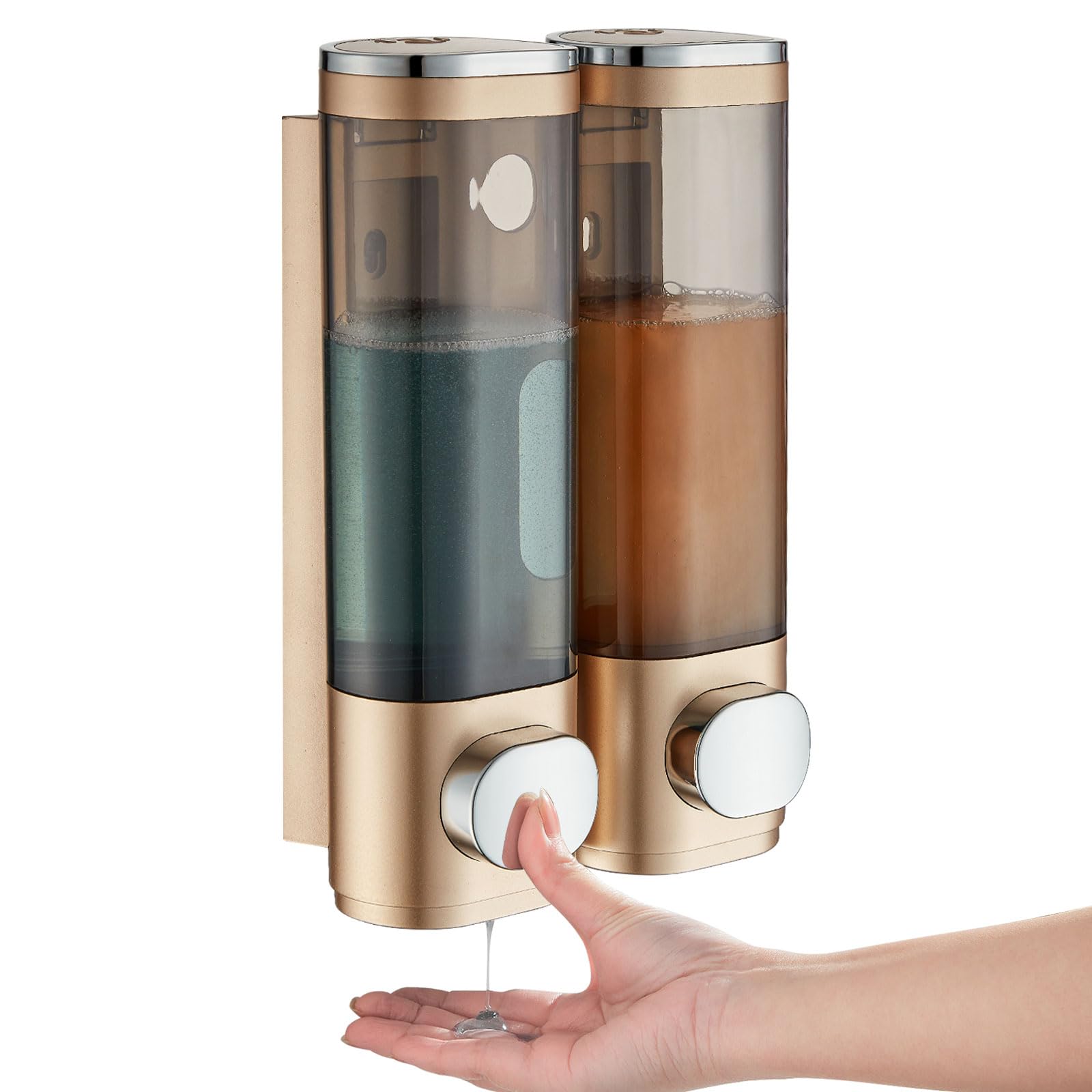 Modunful Shower Dispenser - 2 Chamber No Drill Wall Mounted Dispenser for Shampoo Conditioner, Body Wash - Gold