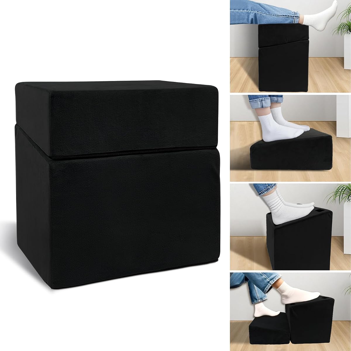 Adjustable Foot Rest Under Desk with 3 Adjustable Heights High-Density Foam Ergonomic Footrest for Office, Home, Travel Airplane, Removable Washable Cover for Back Pain Relief Posture Support (Black)