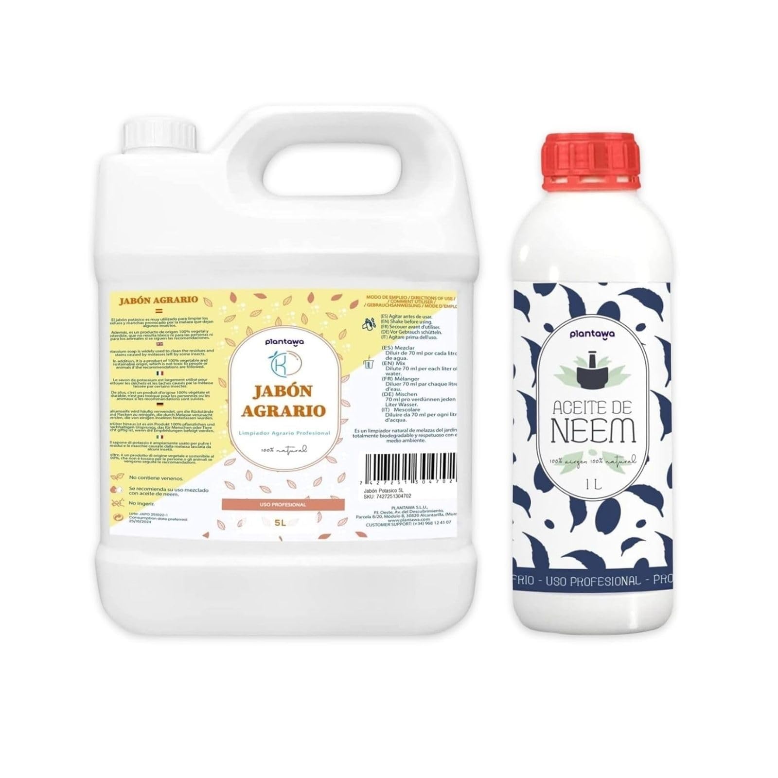 PLANTAWA Pack Ahorro Jabón Potásico 5L + Aceite de Neem 1L | Solución Multiusos | Fácil Aplicación y Máxima Eficacia | Versátil | Uso en Interior y Exterior | Productos de origen natural