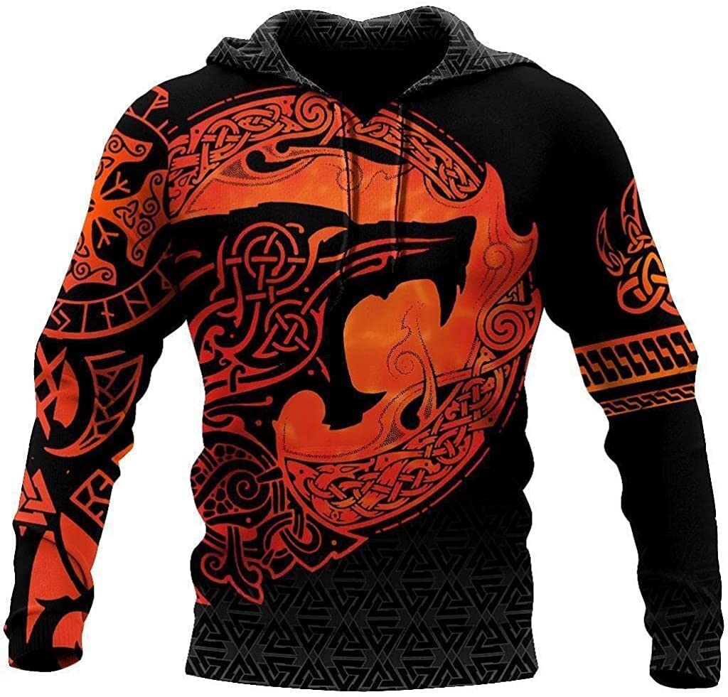 Alptec Men's Hoodie Wolf S For Viking Pullover 3D S Norse Mythology Fenrir Wolf Tattoo Viking Clothes Set (Color : Size : S)
