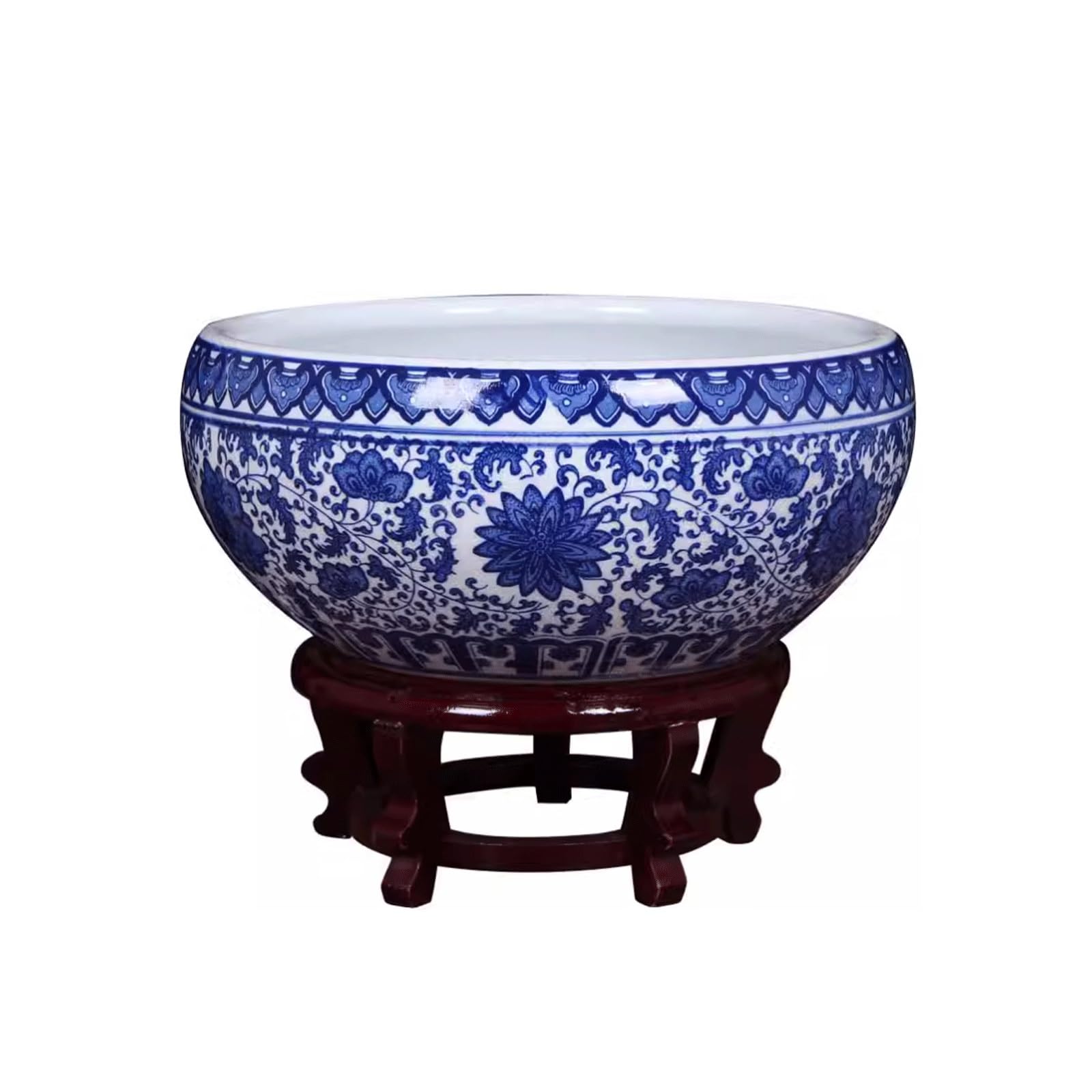 Dekoracyjna okrągła miska do lilii wodnej, niebiesko-biała porcelanowa doniczka, doniczka hydroponiczna, ceramiczna doniczka na kwiaty lotosu wodnego na stół i taras (60 x 28 cm)