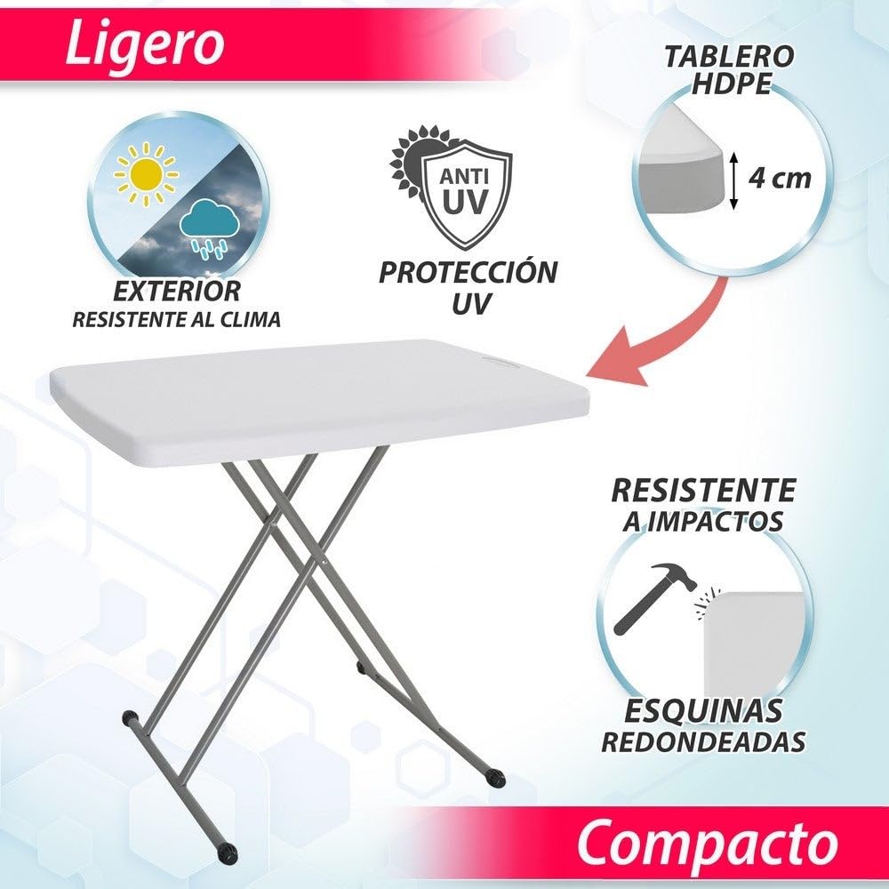 LOLAhome Mesa Regulable en Altura, de Acero Anticorrosión y HDPE (De 76x50x71,5 cm) | Resistente, fácil Transporte, fácil Montaje | Ideal Acampadas, Picnic, Catering, Jardín, Terraza