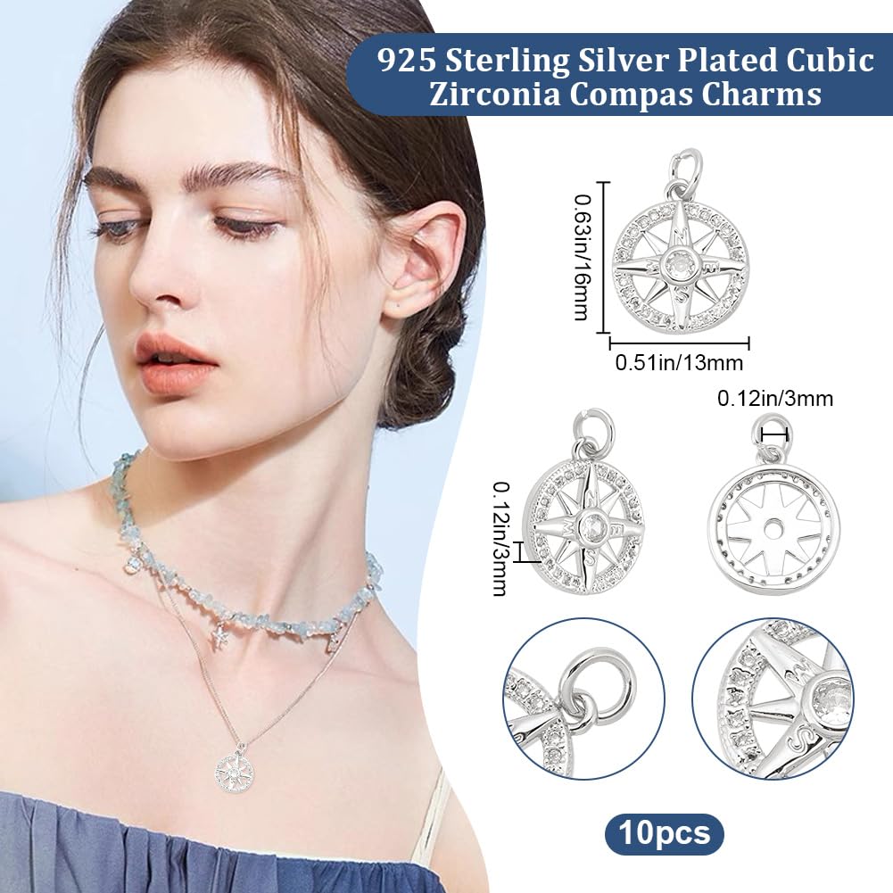 Beebeecraft 1 Box 10Pcs Compass Pendant Charms Real 925 Sterling Silver Plated Round Tibet Style Nautical Charms with Cubic Zirconia Jump Ring for Jewelry Making Bracelets Necklace Diy Crafts - Image 2