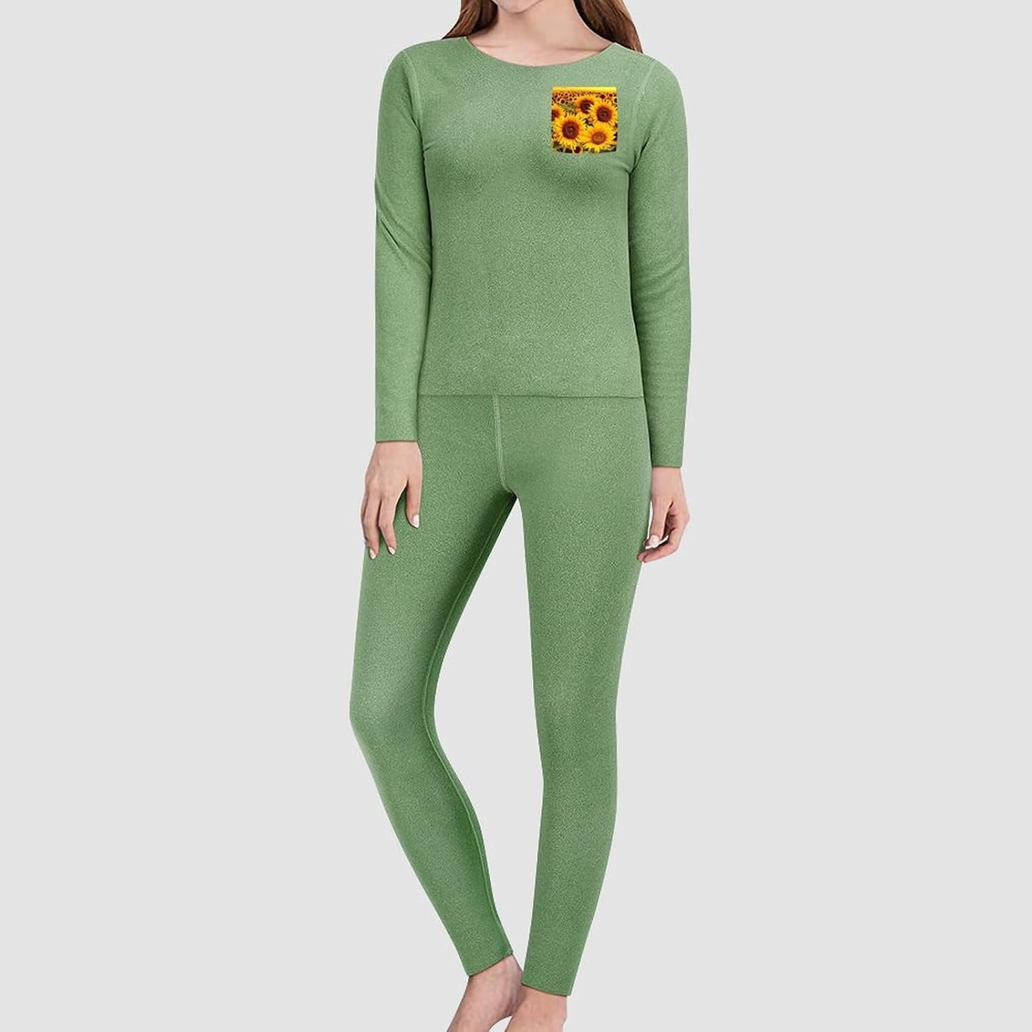 Women's Fleece Lined Thermal Set - Cold Weather Long Johns Ultra-Soft Sunflower Pattern Printed Base Layer