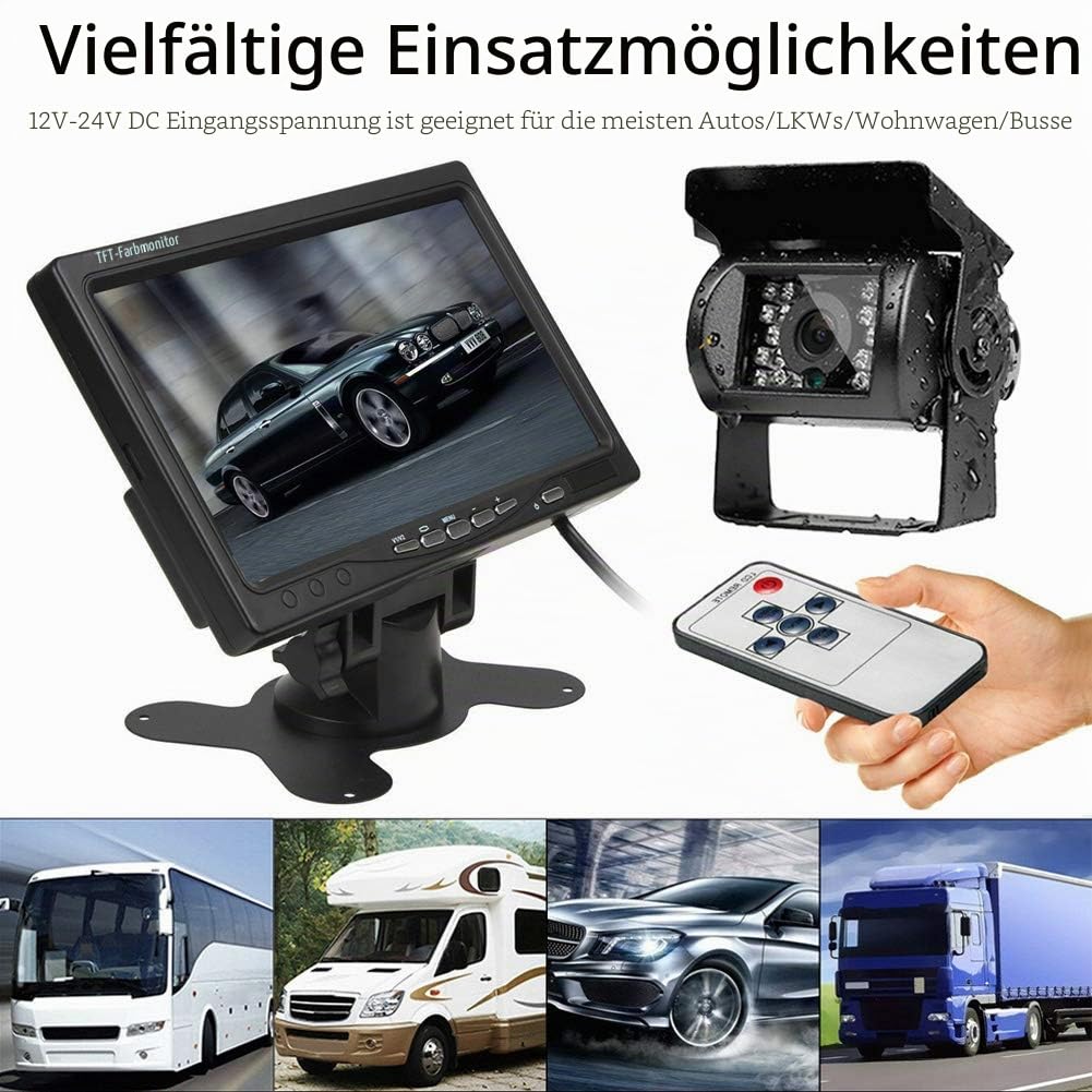 Rückfahrkamera, 4-polig, 12 V bis 24 V, 18 LEDs, IR-Nachtsicht, wasserdicht, mit 15 m Kabel + 17,8 cm Farb-TFT-LCD-HD-Automonitor für Wohnmobil, Bus, LKW, Anhänger