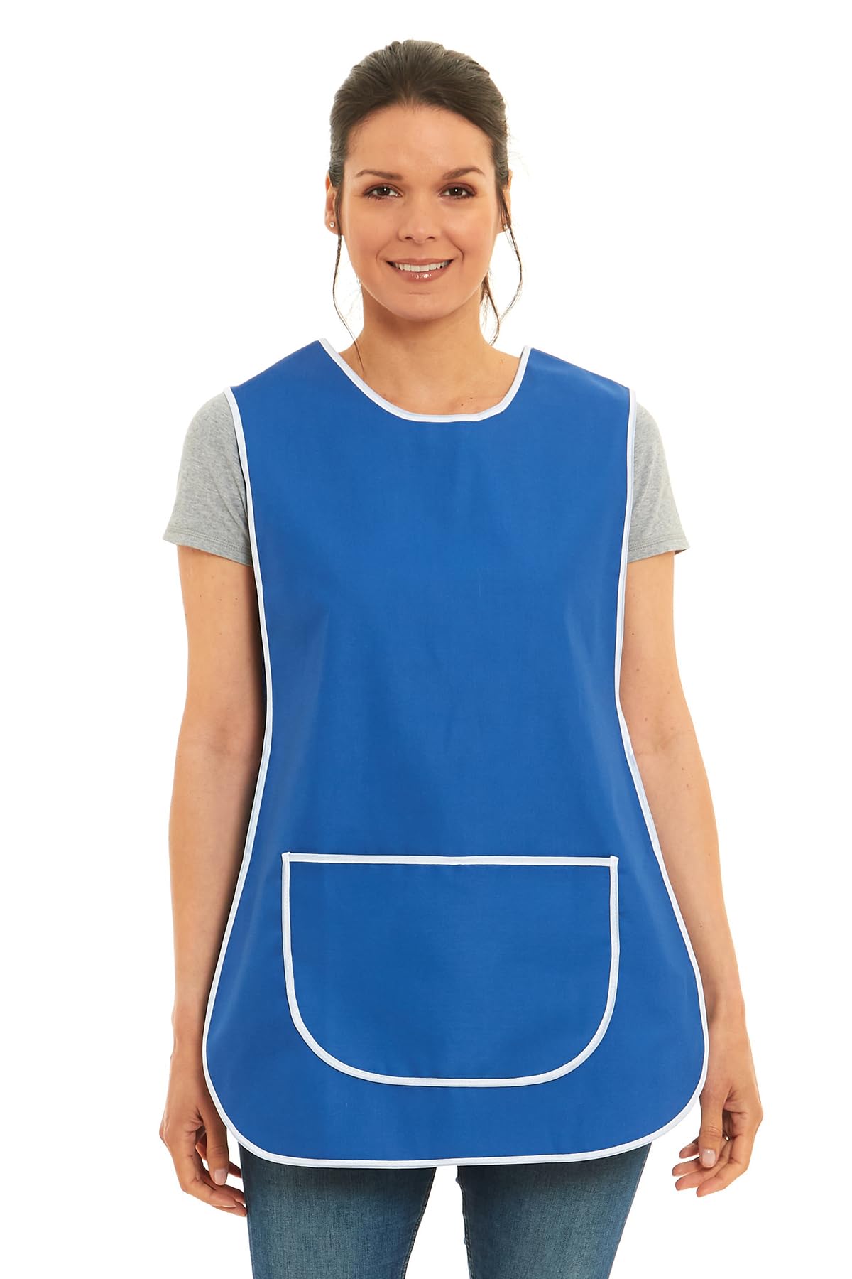 Ladies Plain Tabard with White Piping Apron Overalls Front Pocket Stylish Tabards for Women Casual Aprons for Women Home Kitchen Restaurants Coffee Shops UK Made (Blue, L)