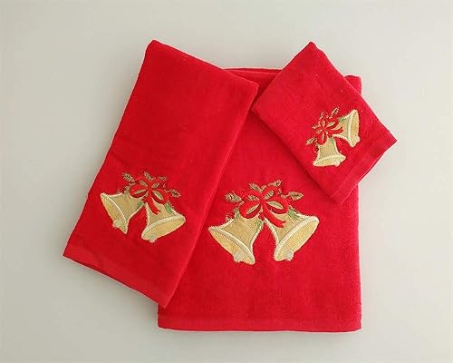 BH Home & Linen Season's Greetings - Juego de toallas bordadas de 3 piezas con temática navideña, hechas de 100% algodón. (campanas de Navidad rojas) BH Home & Linen Season's Greetings - Juego de toallas bordadas de 3 piezas con temática navideña, hechas de 100% algodón. (campanas de Navidad rojas)