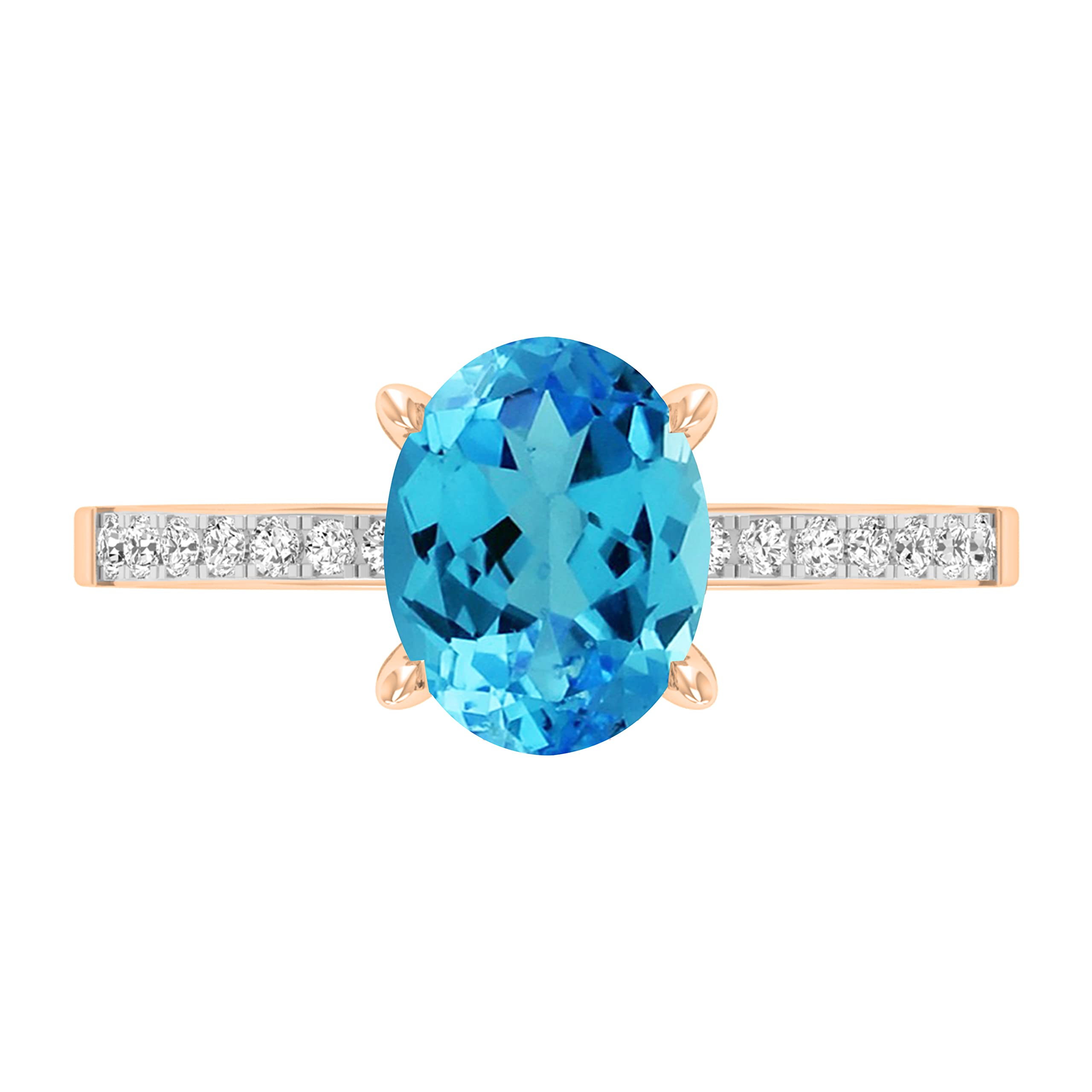 Dazzlingrock Collection Anillo de compromiso de oro rosa de 18 quilates con piedras preciosas ovaladas y diamantes blancos redondos de 9 x 7 mm para mujer, Oro rosa Topacio azul Diamante blanco Oro