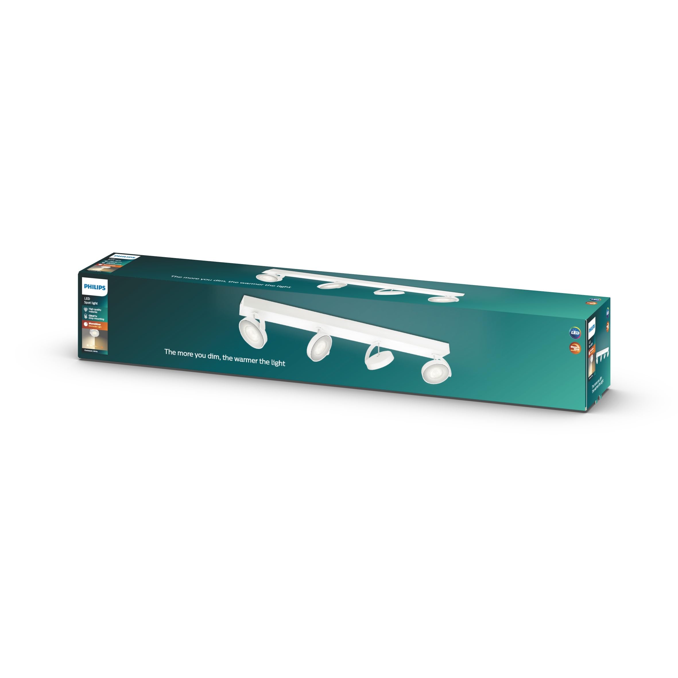 Philips Clockwork Decken-/Wandleuchte 4er Spots, dimmbar WarmGlow, 22W, 2200-2700 K, Weiß, IP20, blendfrei, flimmerfrei