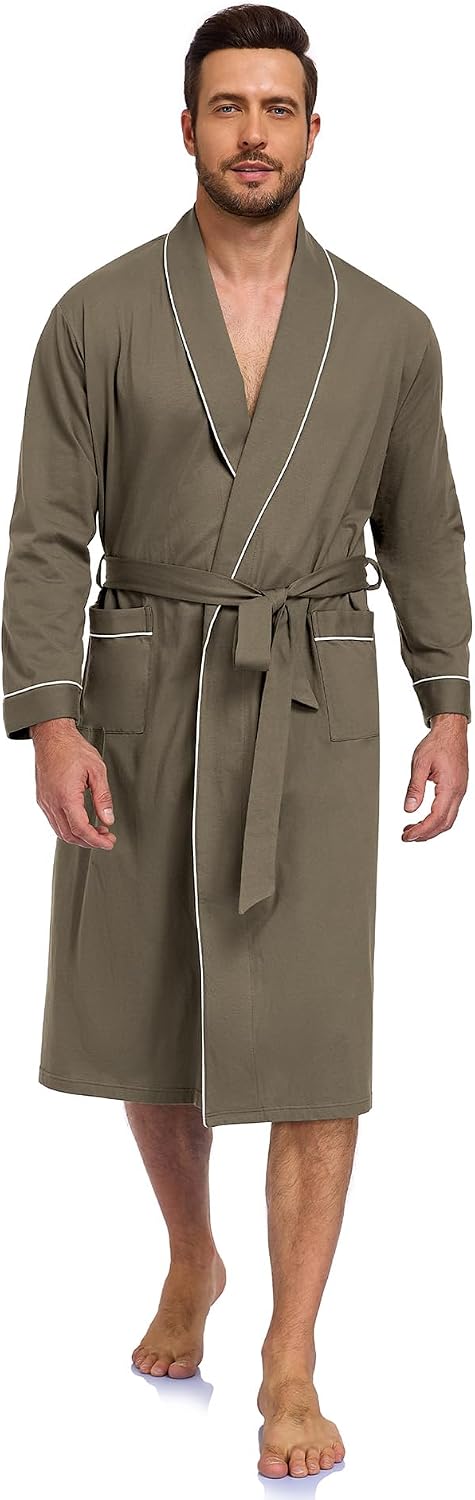 COLORFULLEAF Men's 100% Cotton Summer Robe Lightweight Long Bathrobe Breathable Knit Sleepwear Spa Robe with Pockets