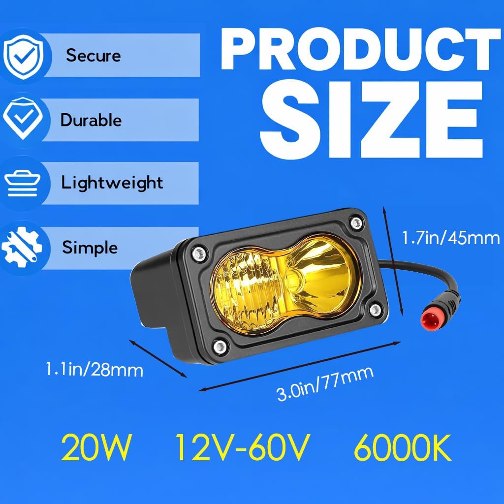 Ebike Headlight for Rad Power, 2 Pin Headlight for E-Bikes Compatible with RadMini RadRover RadExpand RadRunner Vamoose Mammoth Clear White, 20W 6000-6500K Waterproof Ebike LED Light