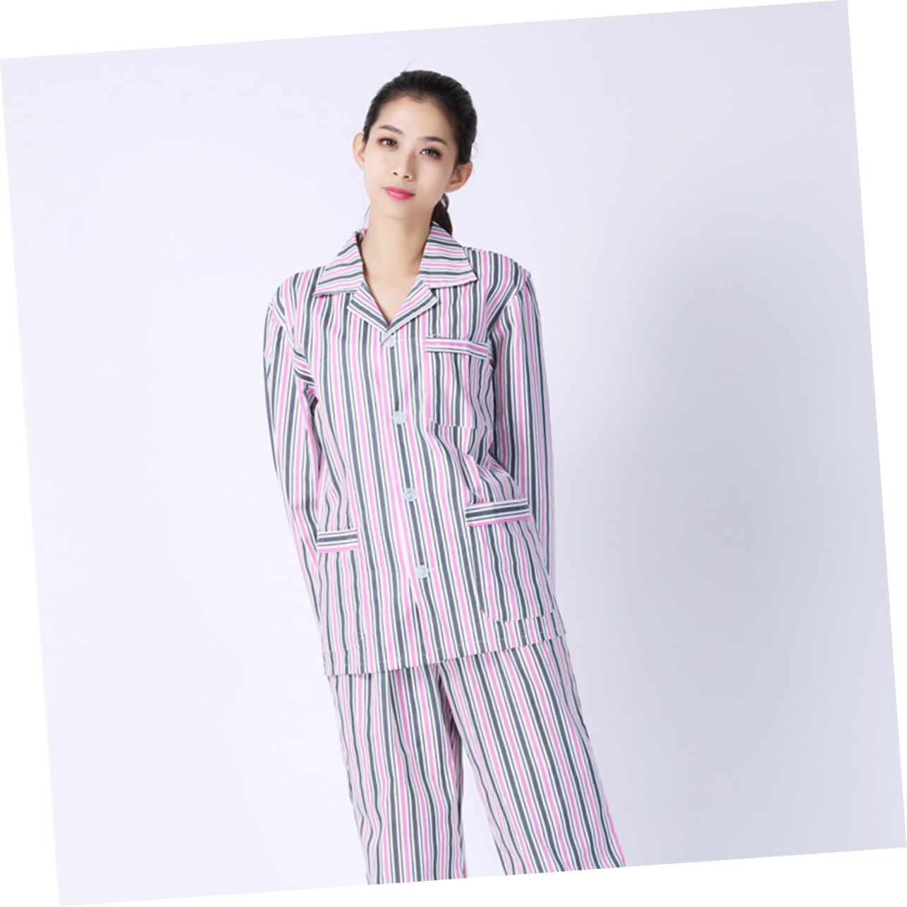 Beaupretty Pijama para Adulto Algodón Cómodo Manga Larga Hospital Ropa para Pacientes Rayas Azul Blanco