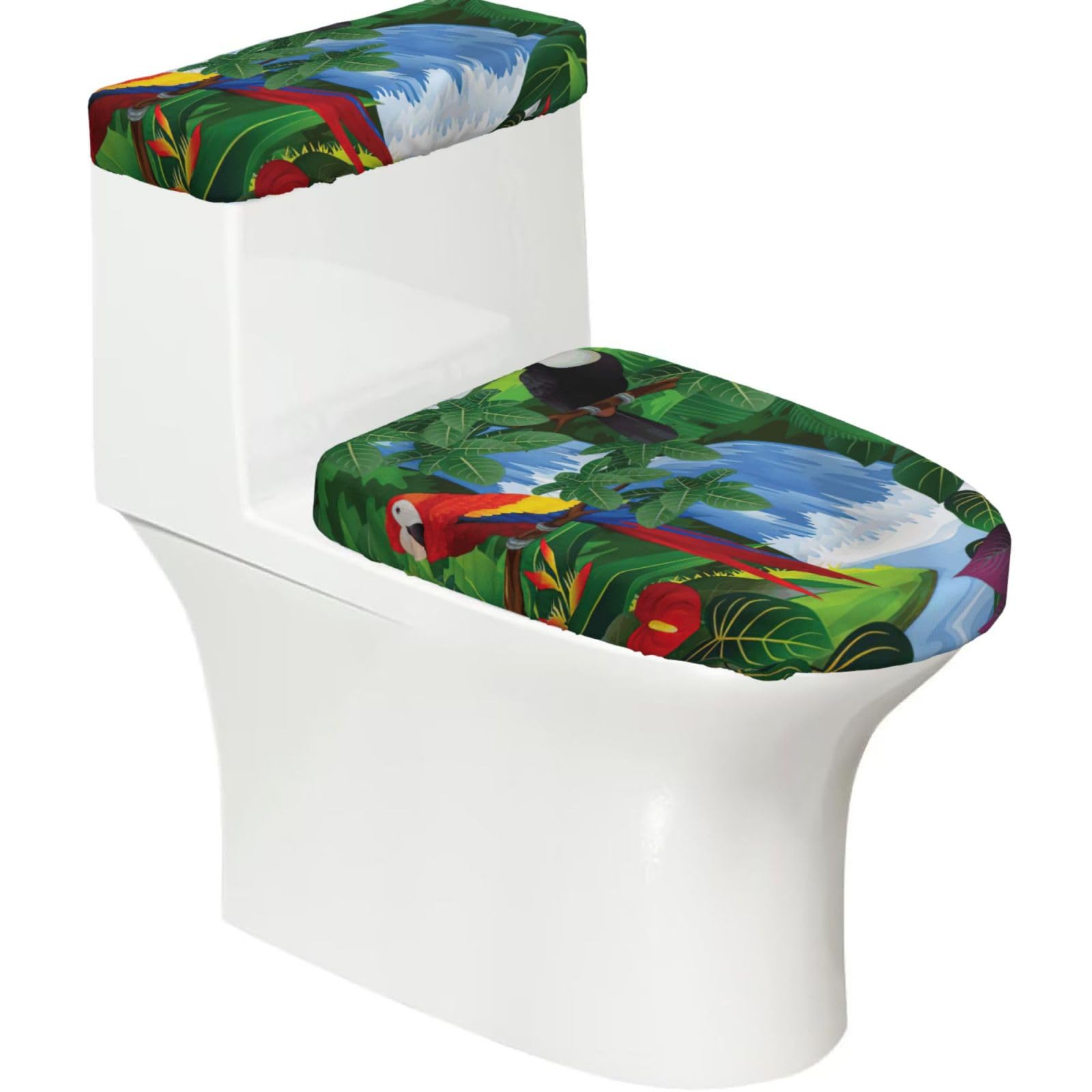Macaw And Toucan Perching Of American Rainforests Print Stretch Toilet Covers Set, Polyester Covers Replacement For Fits Most Size Lids Bathroom Decor