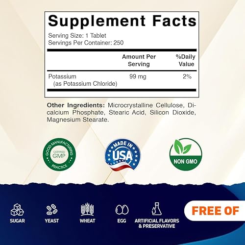 Vista 2 de Vitamatic Potasio 99mg – 250 Tabletas – Cloruro de Potasio para la Función Muscular, del Corazón y de los Nervios – Apoyo de Electrolitos – Sin OMG
