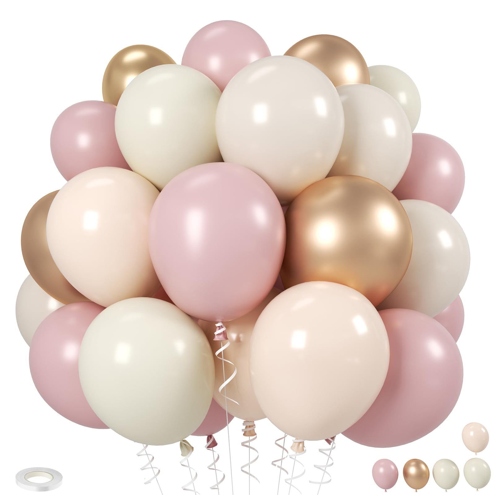Pink and Gold Balloon, 12 Inch Blush Pink Ivory White and Champagne Gold Latex Balloons, 20 Pcs Nude Apricot Balloons for Kids Birthday Party Baby Shower Wedding Decorations