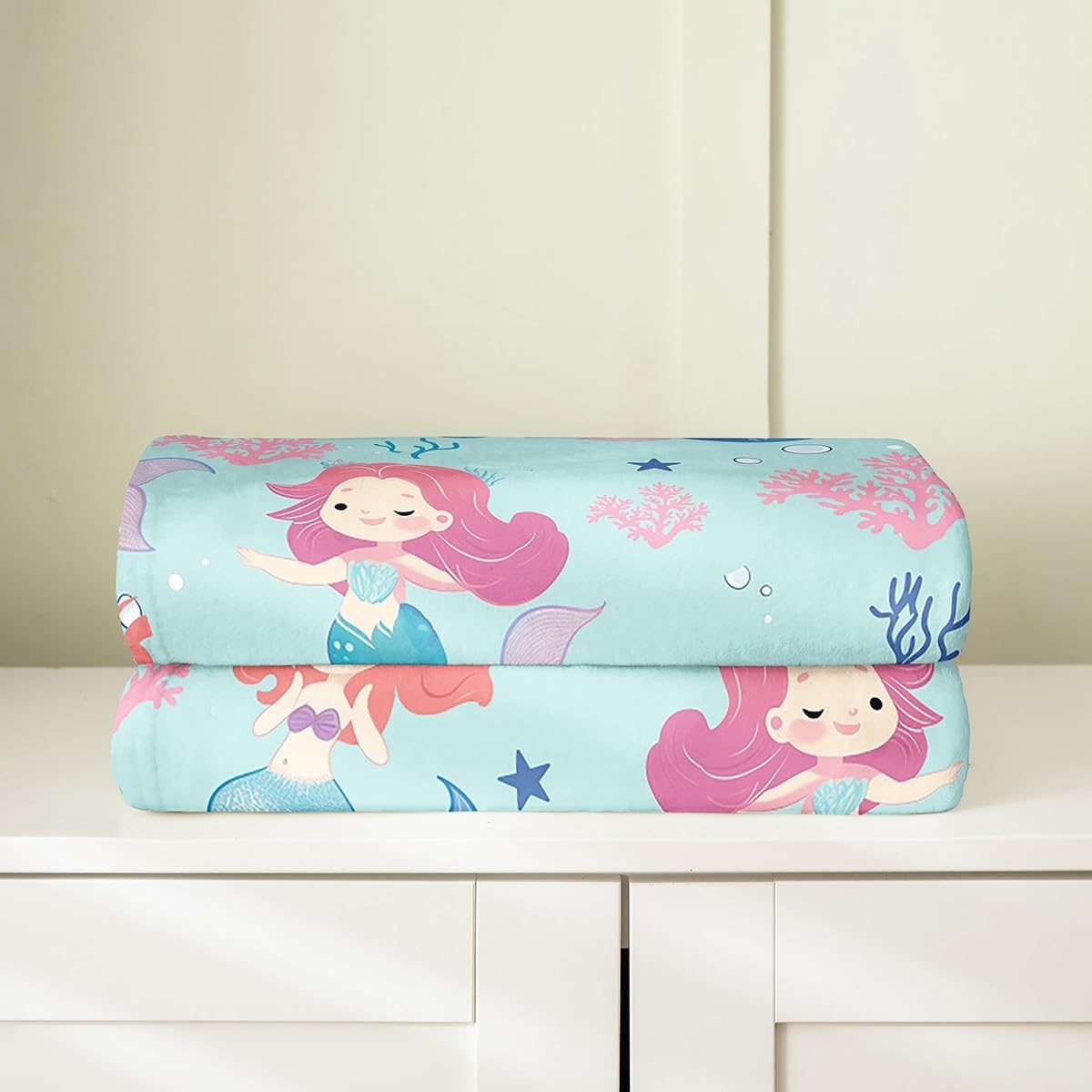 Cartoon Mermaid Fleece Blanket,Lovely Ocean Animal Princess Marine Life Bed Blanket for Kids Teens,Undesea Coral Starfish Blue Flannel Blanket for Room Decor,Queen 90"x90"