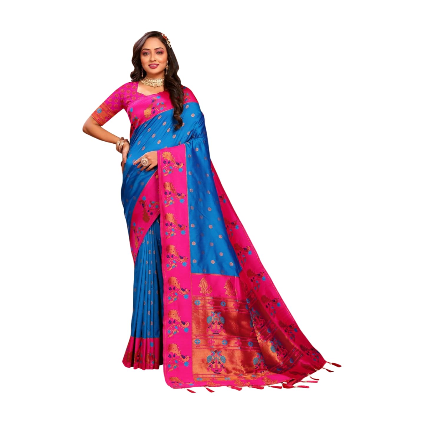 Expert Ecommerce Services Womens New Paithani Silk Zari Weaving Saree with Contrast Blouse | Sarees For Womens