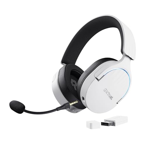 GXTrust 491W Fayzo Cascos Gaming Inalámbricos Bluetooth + 2.4 GHz, 7.1 Sonido Envolvente, Batería de 22 Horas, Auriculares Inalámbricos RGB Over-Ear PC PS5 PS4 Switch - Blanco