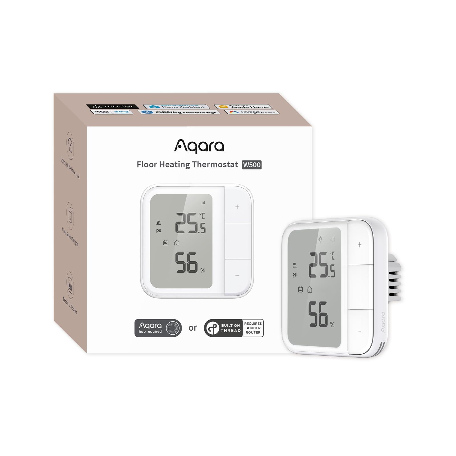 Aqara Aqara Thread/Zigbee Floor Heating Thermostat W500, 16A Electric Heating, with NTC Floor Sensor, Multiple Control Methods, Energy Saving, Matter, Supports Apple Home, Alexa, Google, Home Assistant