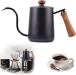 Chaleira Bico de Ganso em Aço Inoxidável 304 com Fundo Triplo, 600ml - Compatível com Indução e Fogão a Gás, Alça de Madeira (Preto)