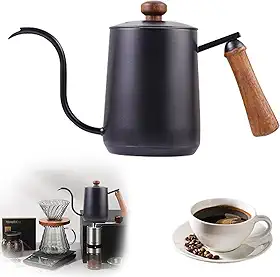 Chaleira Bico de Ganso em Aço Inoxidável 304 com Fundo Triplo, 600ml - Compatível com Indução e Fogão a Gás, Alça de Madeira (Preto)