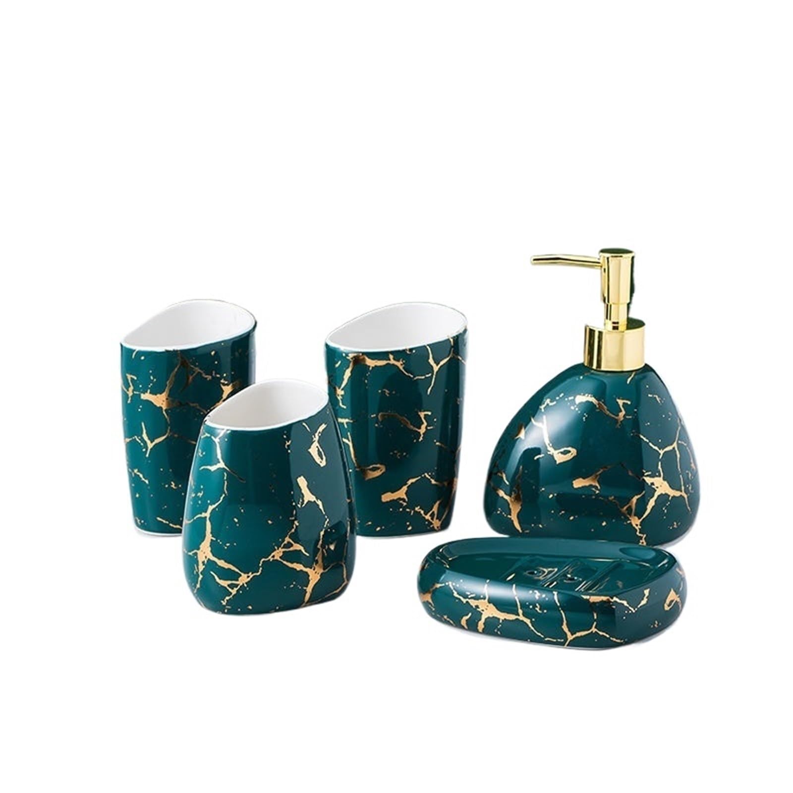 Soap Dish Set Gold Plated Marbled Ceramic Lotion Bottle Bathroom Supplies Mouthwash Cup Toothbrush Soap Dish Set(Color1)