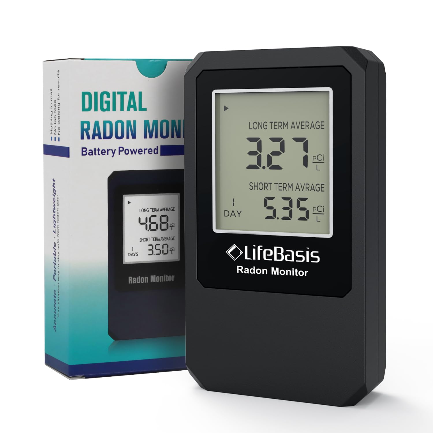 LifeBasisRadon Detector, Radon Test for Home with Long and Short Term Radon Meter, Home Radon Gas Monitor US Version-pCi/L (Update Version, Matte Black)
