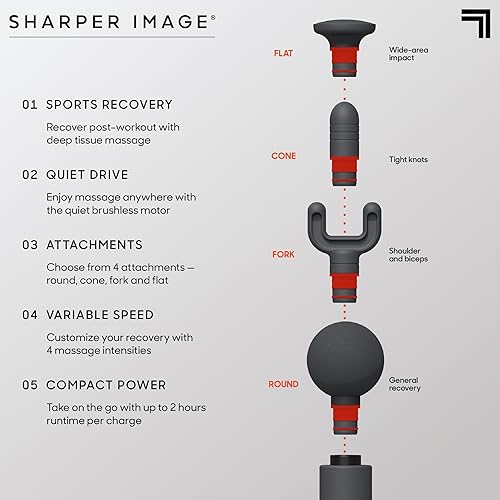 Miniatura 4 de Sharper Image Pistola de masaje de percusión, Powerboost Move, ligera y portátil, 4 accesorios, 4 velocidades, masajeador de espalda y hombros