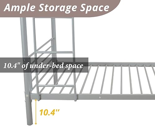 Miniatura 6 de Karl home Litera gris individual sobre individual, litera de metal con escalera integrada y barandilla de seguridad, literas individuales que