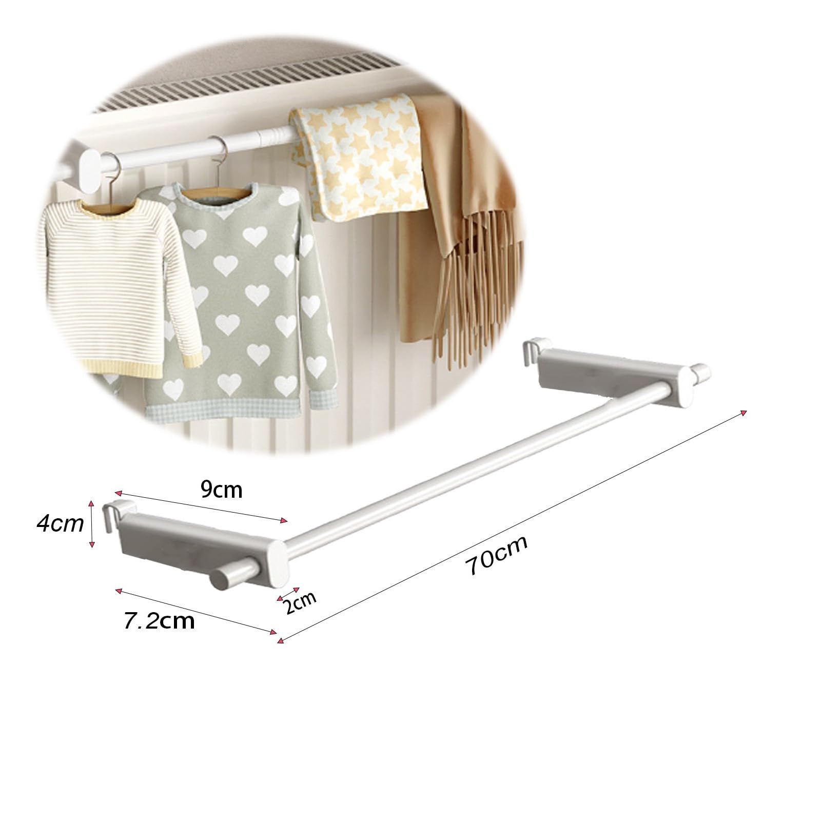 Heizkörper-Handtuchhalter, ohne Bohren, beheizter Handtuchhalter, weiß, Einzelstange, 70 cm, perfekt für Wäschetrockner, platzsparendes Design für Badezimmer und Küche