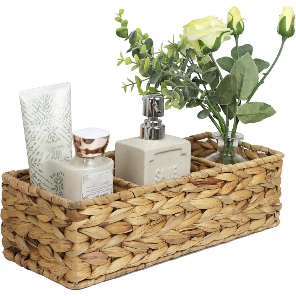 Hndhbfgrt Hand Woven for Toilet Paper Basket with 3 Compartments, Storage Basket for Bathroom, Restroom Baskets Tray Vanity Organizer