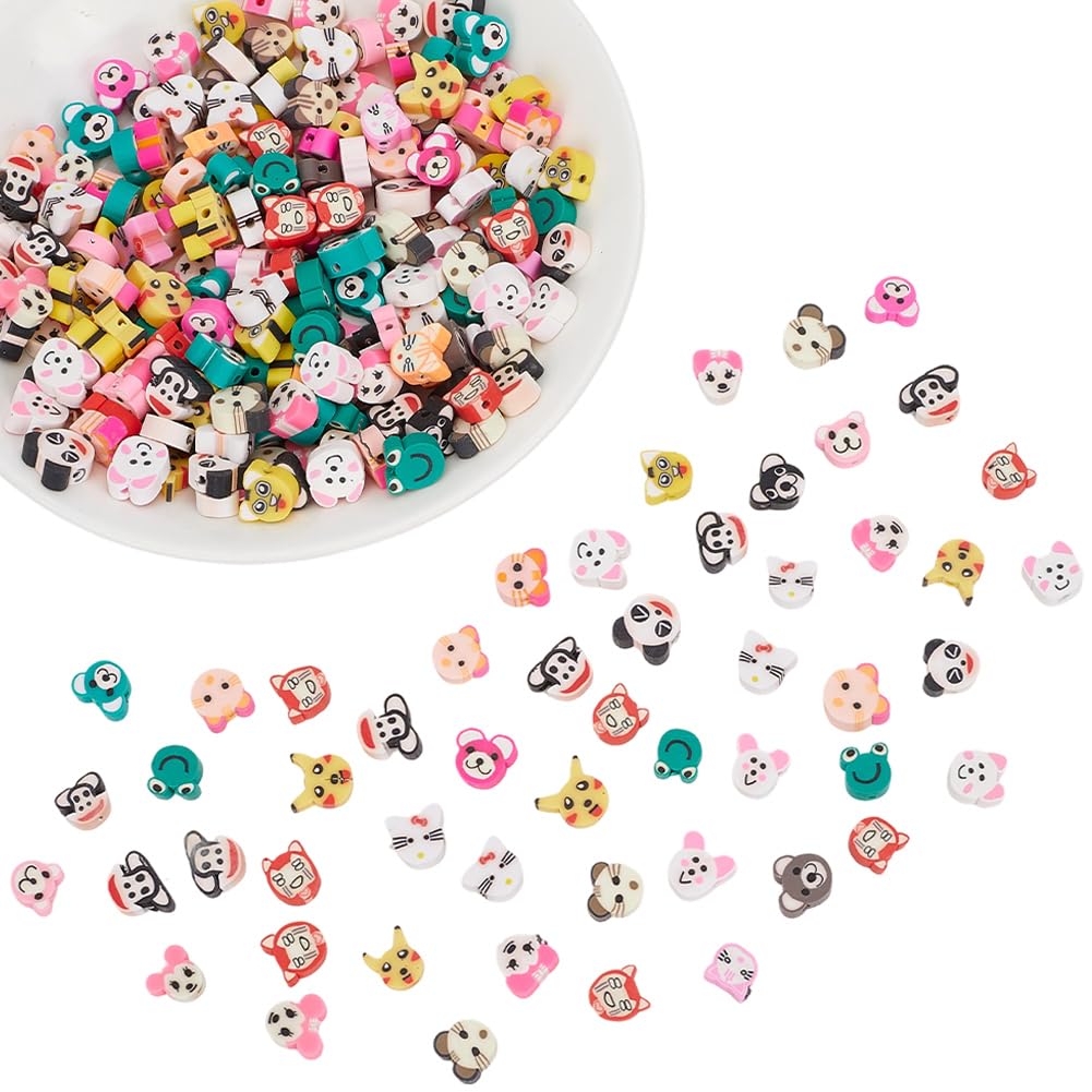 PONABEADIY 250PCS Cute Animal Beads with Hole Polymer Clay Handmade Panda Bear Pig Rabbit Kawaii Colorful Assorted Charms Loose Spacer Bead for Jewellery Making Bracelet Necklace Earrings Diy Craft