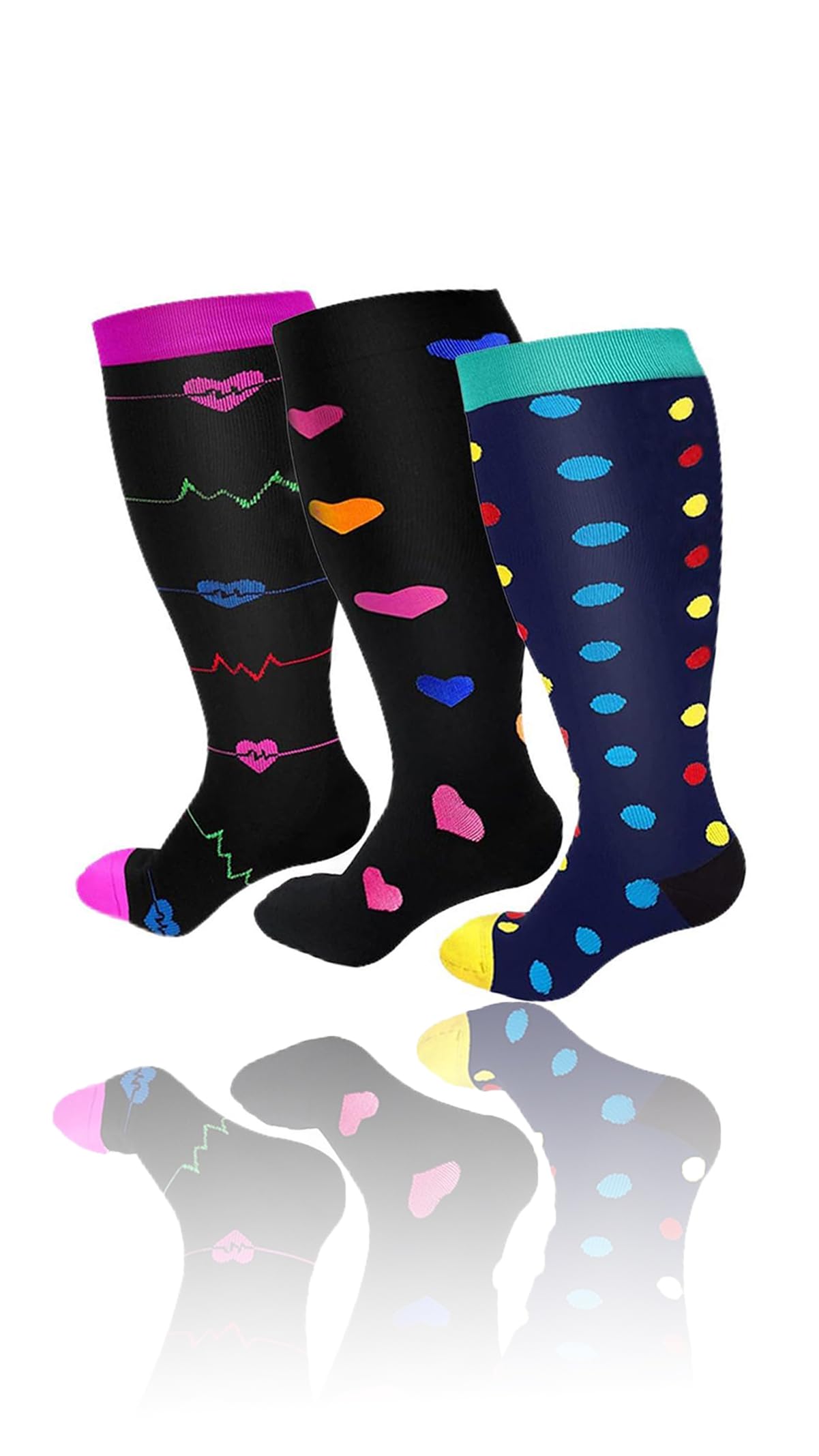 Sweet seven Supportive Wide Calf Compression Socks: 3 Pack, 20-30 mmHg, for Men & Women. Knee High Plus Size Stockings for Medical Use.