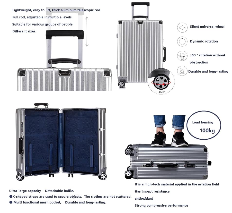 Metal Suitcase Aluminium Silver Suitcase Carry on Suitcase with Spinner Wheels,3,24in2