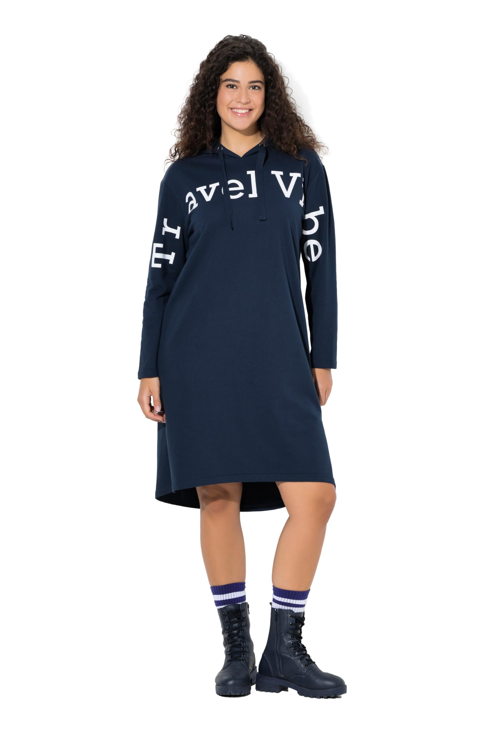 Ulla Popken Damen große Größen Übergrößen Plus Size Sweat-Midikleid, Schriftzug, Kapuze, Langarm 846886