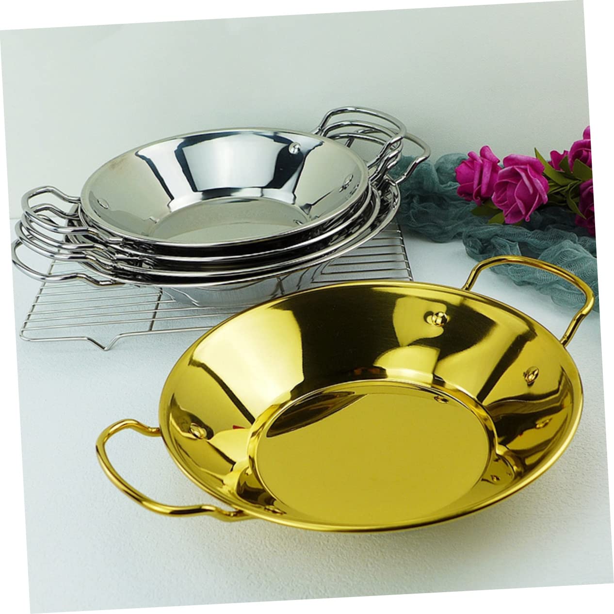 Pentola In Acciaio Inox Per Frutti Di Mare E Fritti - Doppio Manico, Fondo Piatto 28 Cm - Colore Oro - Foto 3