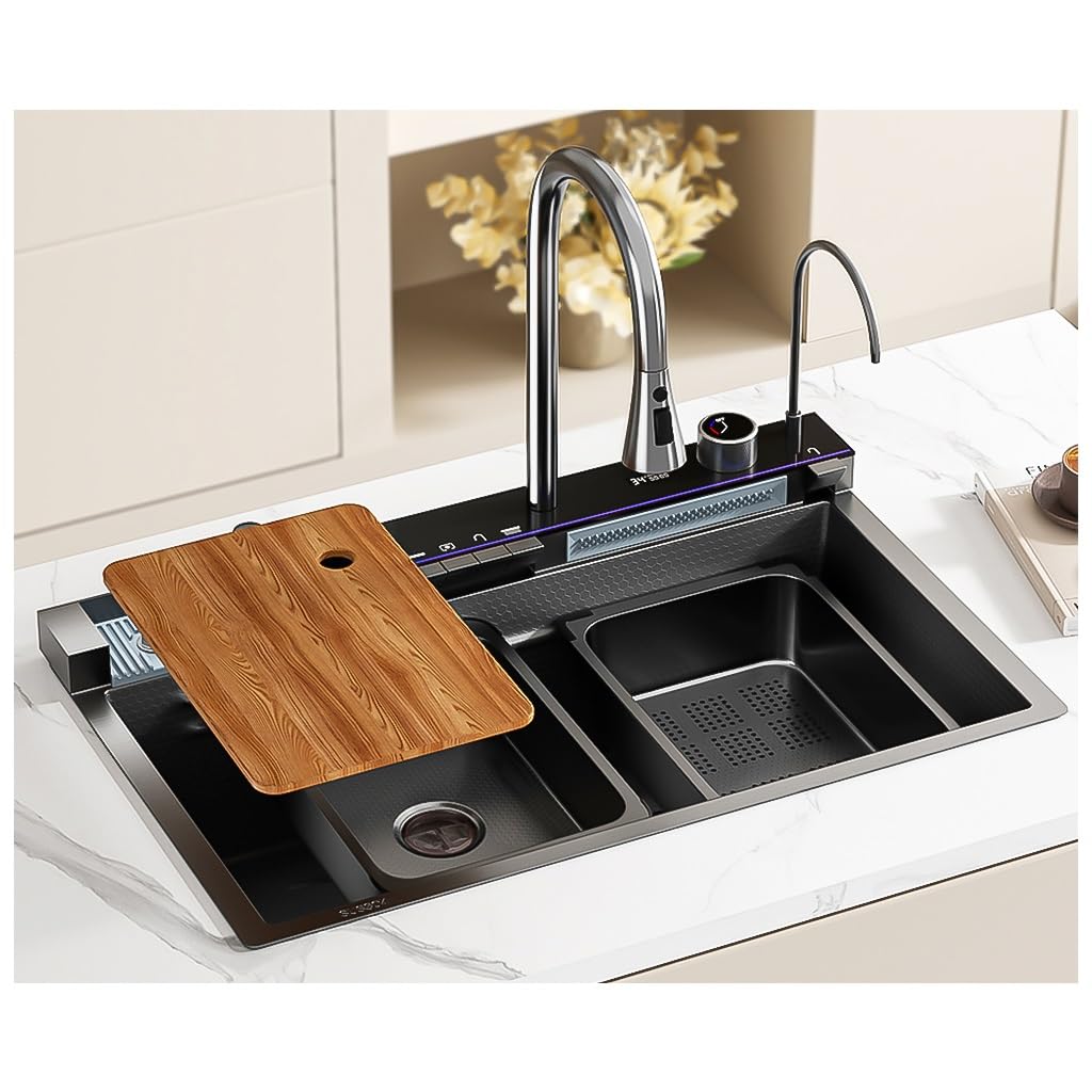 ZQFHSX Drop In Waterfall Kitchen Sink, Large Workstation Black Bar Sink With Pull Out Faucet, Stainless Steel Smart Farmhouse Multifunction Single Bowl Wet Sink(Black,75x46x22cm)