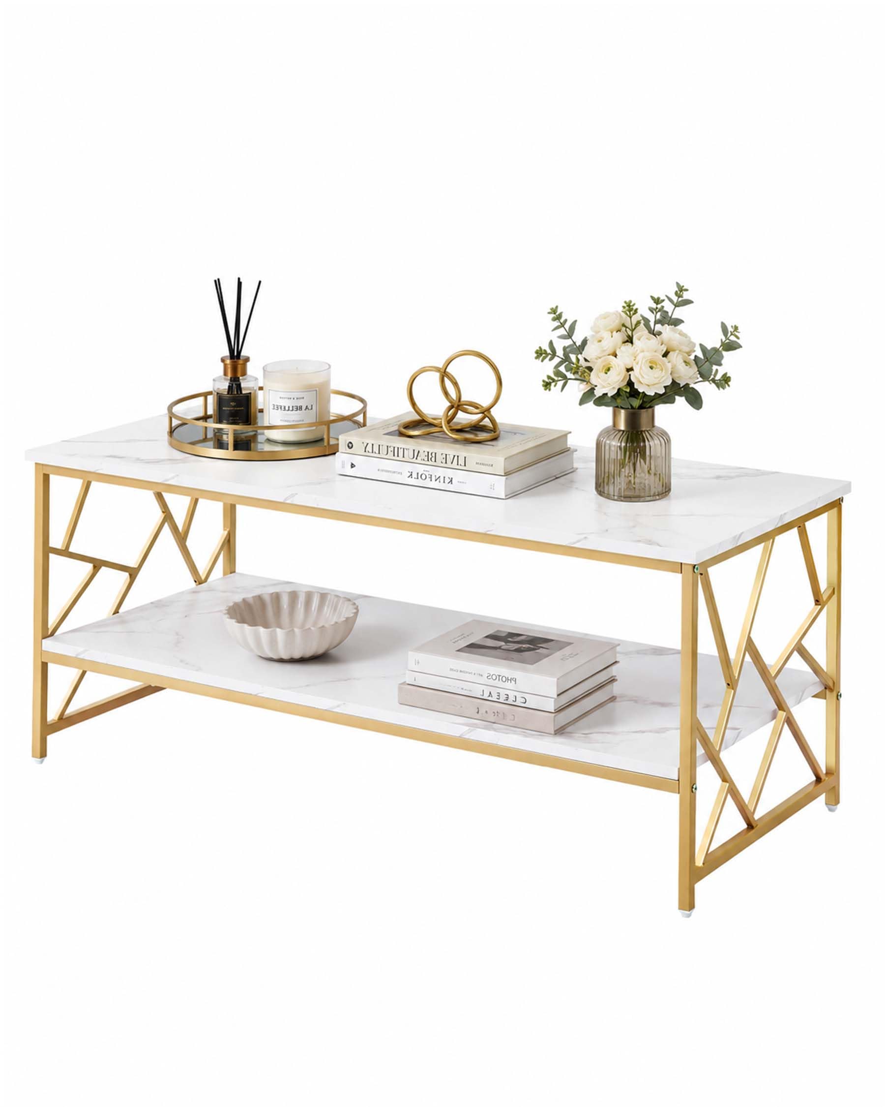 Mesa de Centro Almacenamiento Mesa Café Blanca Salón, Mesa Centro Pequeña Ahorro de Espacio, Doble Estante Auxiliar Sofá Mesa de Té Moderna, Madera Ajustable, 110x50x45cm