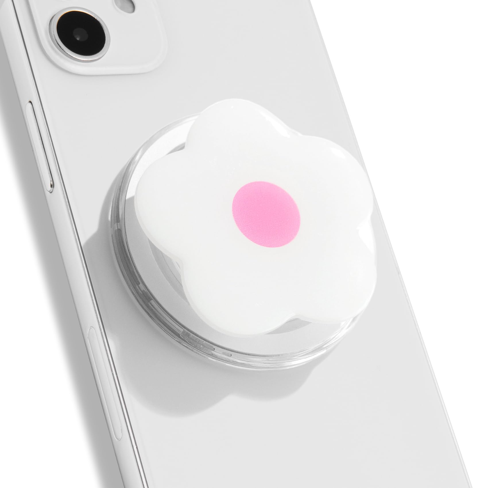 OnTheGrip Compatible with Magsafe Magnetic Cute Solid Color Daisy Flower Design Collapsible Mobile Phone Grip Stand Holder for Smartphone Tablet Cell Phone Accessory (White Pink)