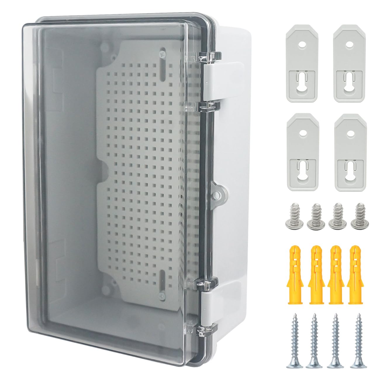 Otdorpatio Junction Box, Hinged Grey Clear Cover IP67 Waterproof ABS Project Box with Mounting Plate Electrical Box Enclosure with Wall Bracket 10.2 x 6.3 x 4.3inch(260x160x110mm)